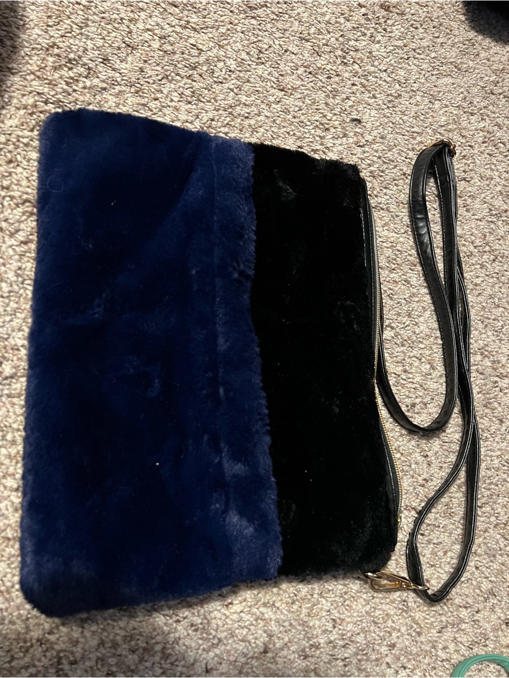 Faux Fur Two-Tone Navy and Black Crossbody Clutch